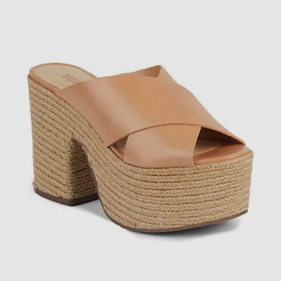 NEW SCHUTZ Tan Leather Jute Wrapped Platform Espadrille Sandals - Picture 2 of 13